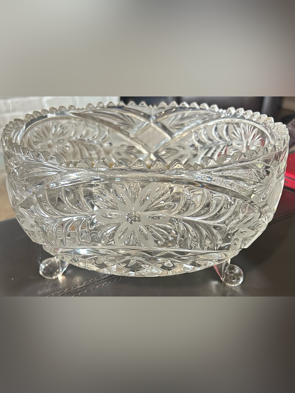Antique crystal Brilliant deep Cut Glass Tri-Footed Centerpiece, bowl 8”X4”
